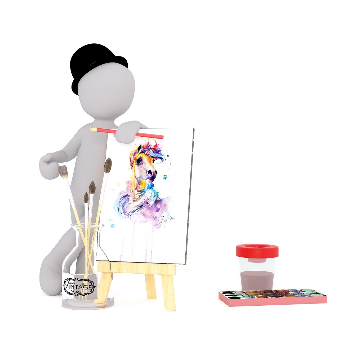 3D stick figure making art on a canvas